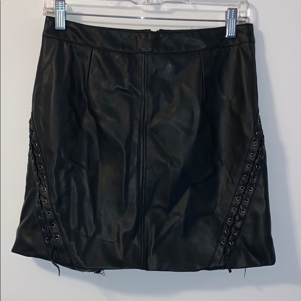 High waisted black faux leather skirt